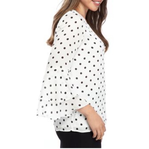 Kasper Women's PolkaDot Ruffle Bell Sleeve Blouse Size XS Top White black - Picture 5 of 9